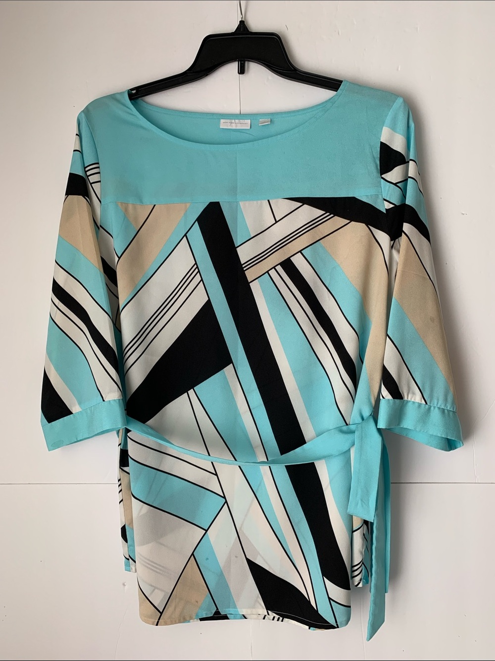 New York & Company Aqua Geometric Tie-Front Lightweight Tunic Size XL